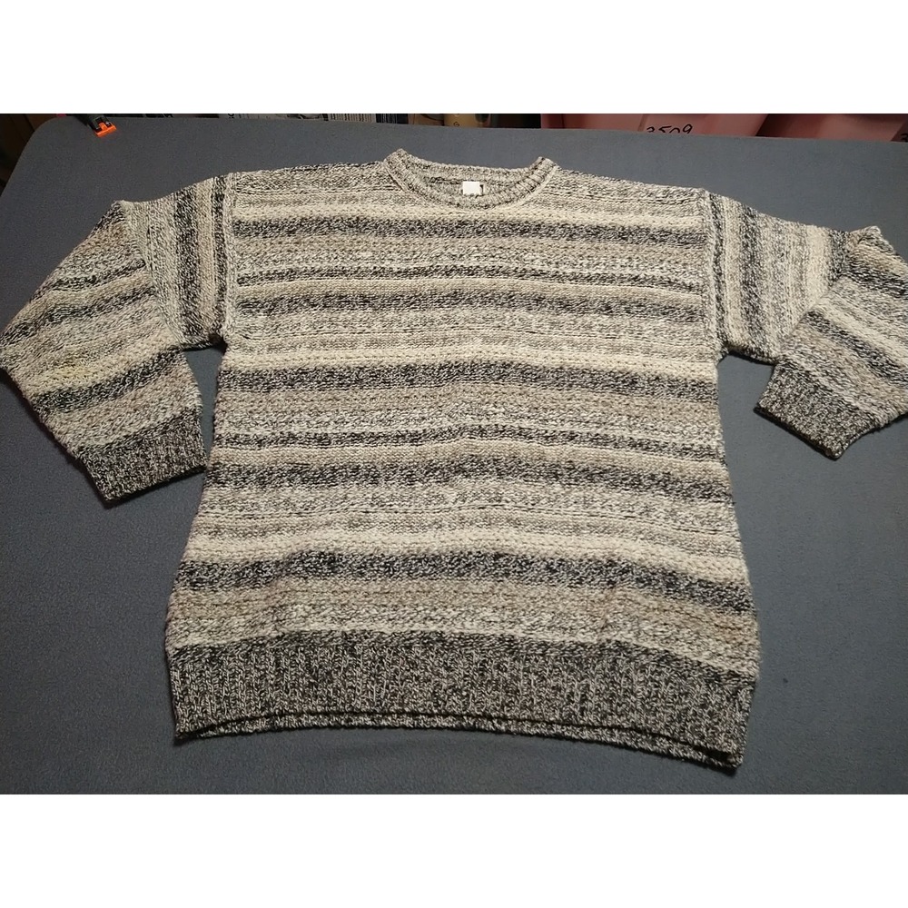G.H. Bass Sweater Men L‎ Cream/Brown Stripe Fisherman Classy Warm Long Sleeve